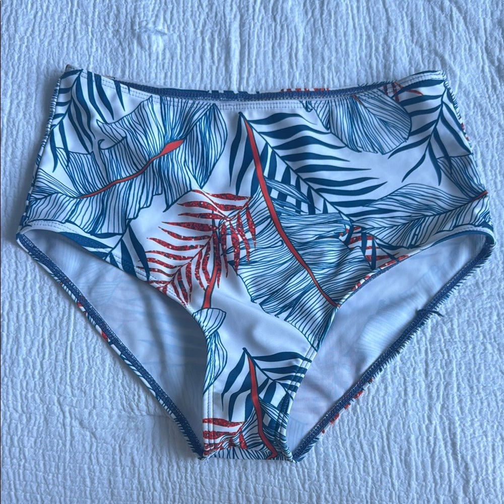 High-Waist Tropical Leaf Bikini Bottom - White, Teal & Red